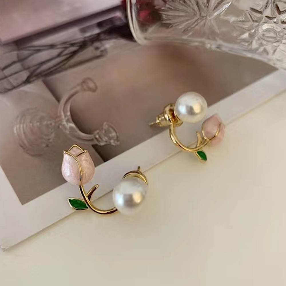 Pink Tulip & Pearl Earrings - Picture 3 of 4